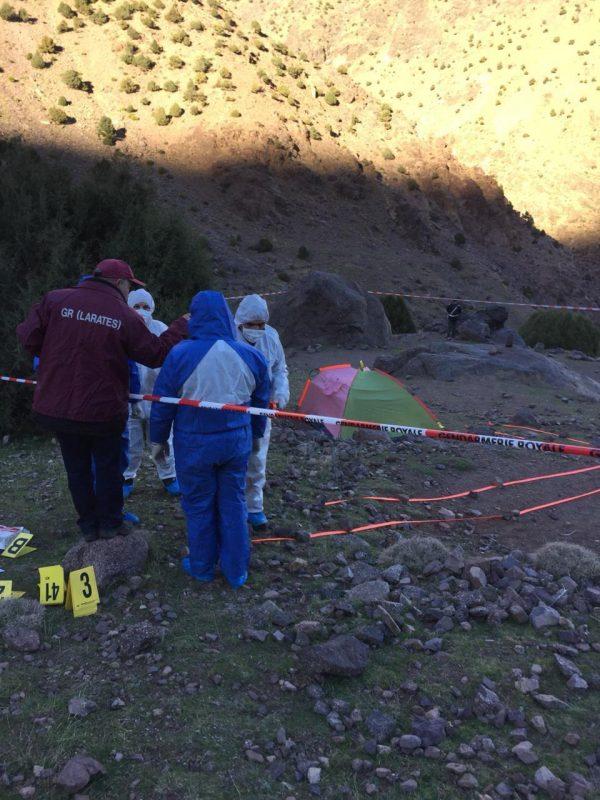 A forensic team is seen at the area where the bodies of two Scandinavian women tourists were found dead, near Imlil in the High Atlas mountains, Morocco, in a photo taken on Dec. 18, 2018. (2M via AP)