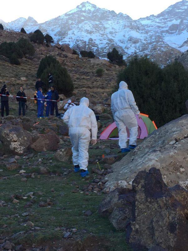 A forensic team is seen at the area where the bodies of two Scandinavian women tourists were found dead, near Imlil in the High Atlas mountains, Morocco, in a photo taken on Dec. 18, 2018. (2M via AP)