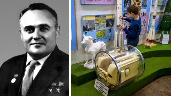 (L) File photo of Sergei Korolev. (R) A boy inspects exhibits next to the dog Laika's space container at the Central House of Aviation and Cosmonautics in Moscow on Nov. 1, 2017. (Wikimedia Commons; Mladen Antonov/AFP/Getty Images)