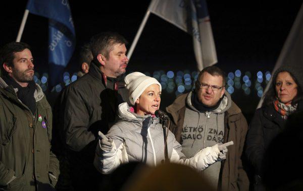 Timea Szabo, head of Hungarian opposition party Parbeszed (Dialogue), speaks at a rally in Budapest on Dec. 17, 2018. (Balazs Mohai/MTI via AP)