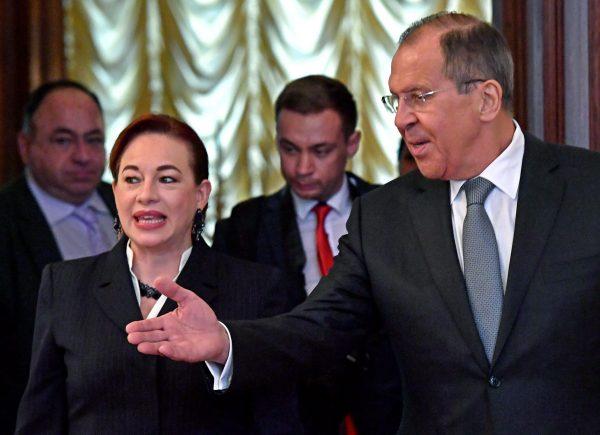 Russian Foreign Minister Sergei Lavrov (R) welcomes his Ecuadorian counterpart Maria Fernanda Espinosa during their meeting in Moscow on May 16, 2018. (Yuri Kadobnov/AFP/Getty Images)
