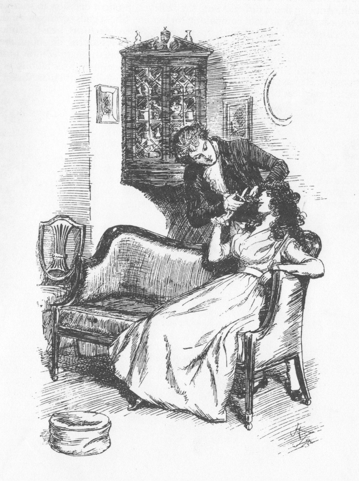 Marianne allows a gentleman to cut a lock of her hair as a keepsake, which at the time would have been considered improper unless the two were actually engaged. Illustration by Hugh Thomson, in the 1896 edition of “Sense and Sensibility.” (Public Domain)