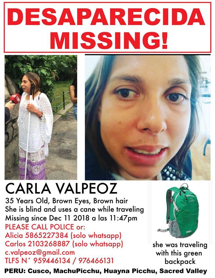 A missing persons poster for Carla Valpeoz distributed in Peru. (Peru national police)