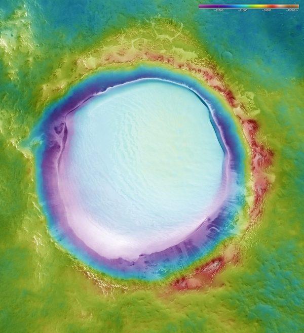 Color-coded topographical image map of the Korolev Crater (ESA/DLR/FU Berlin – CC BY-SA 3.0 IGO)