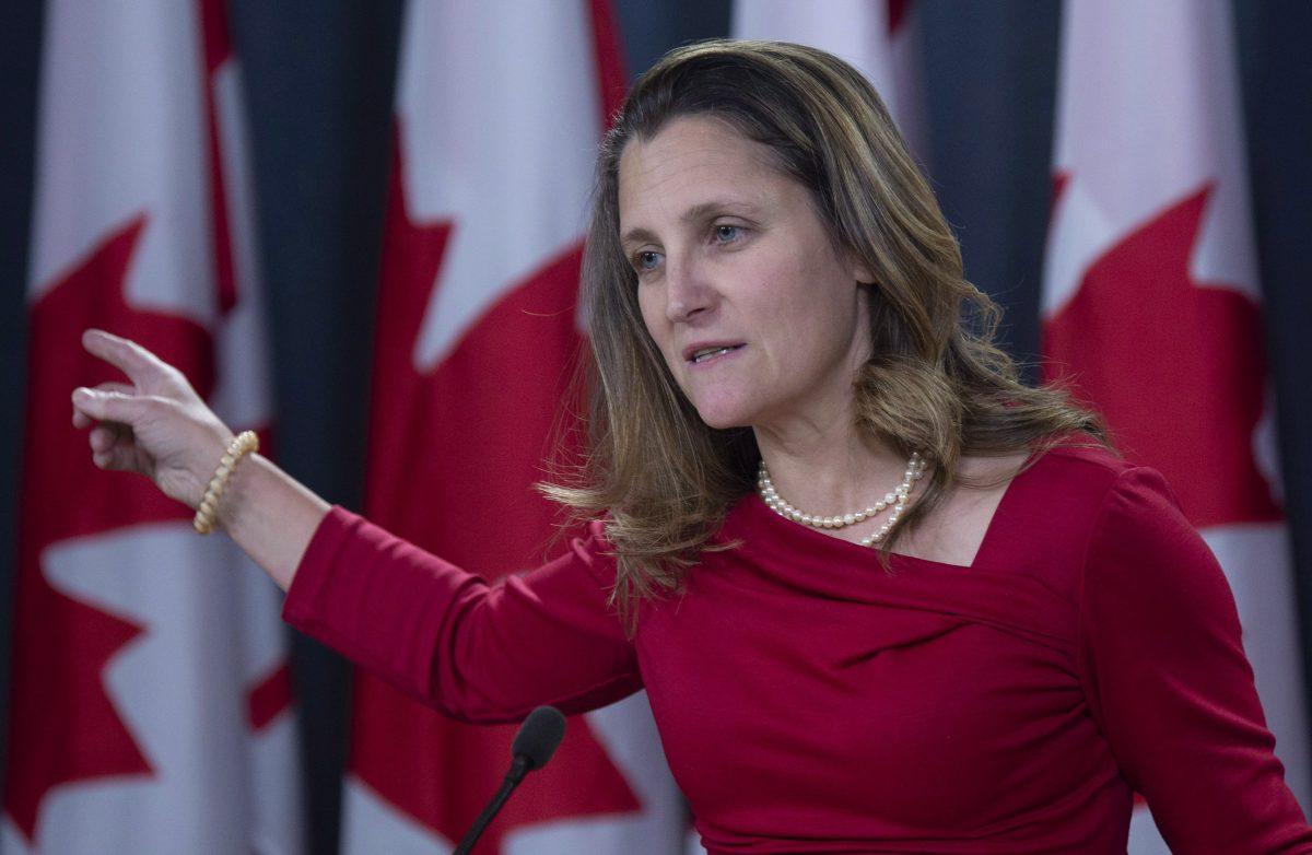 Canadian Minister of Foreign Affairs Chrystia Freeland speaks with the media in Ottawa, on Dec. 12, 2018. (The Canadian Press/Adrian Wyld)