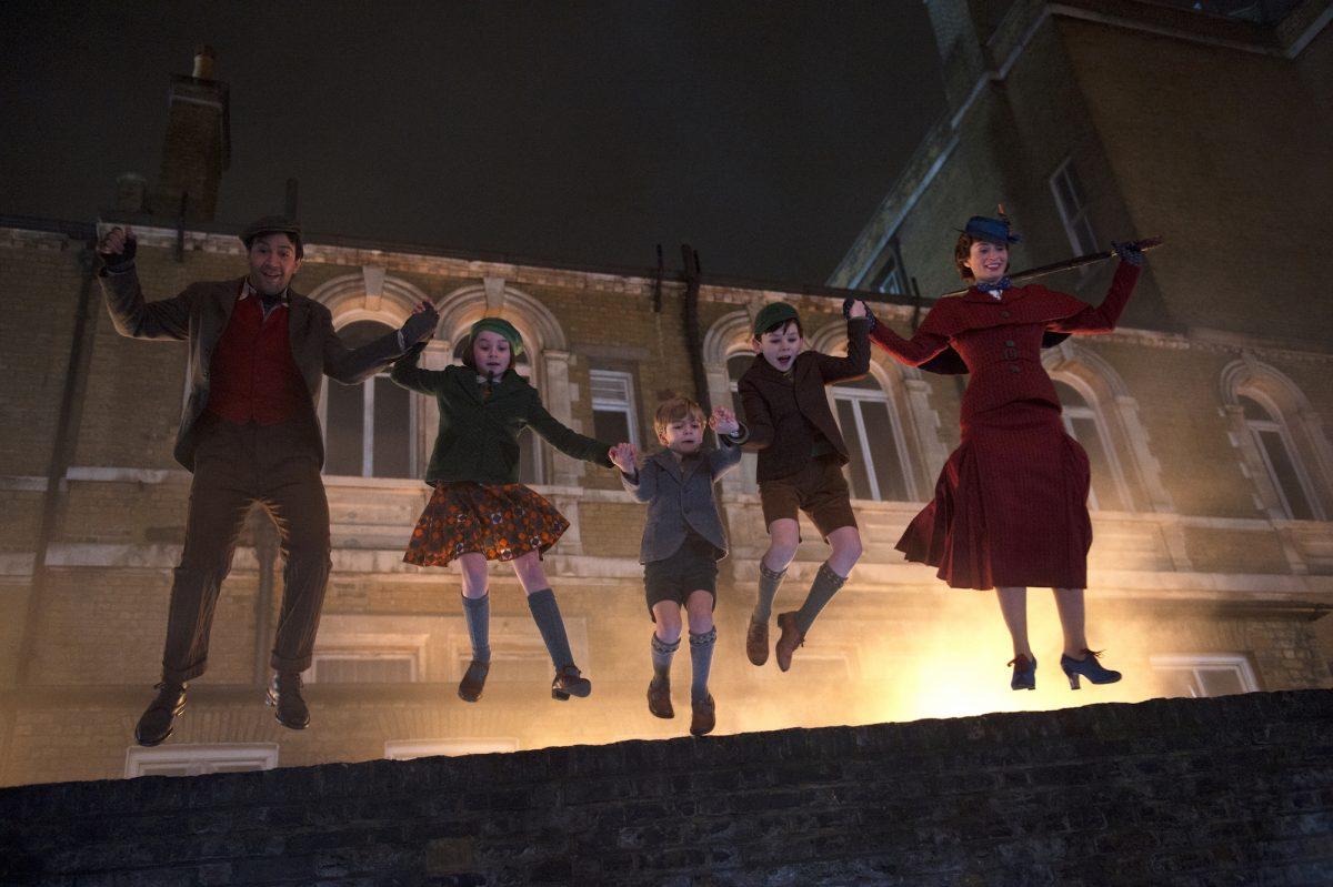 (L–R) Jack (Lin-Manuel Miranda), Annabel (Pixie Davies), Georgie (Joel Dawson), John (Nathanael Saleh), and Mary Poppins (Emily Blunt) in a sequel to the 1964 “Mary Poppins.” (Disney)