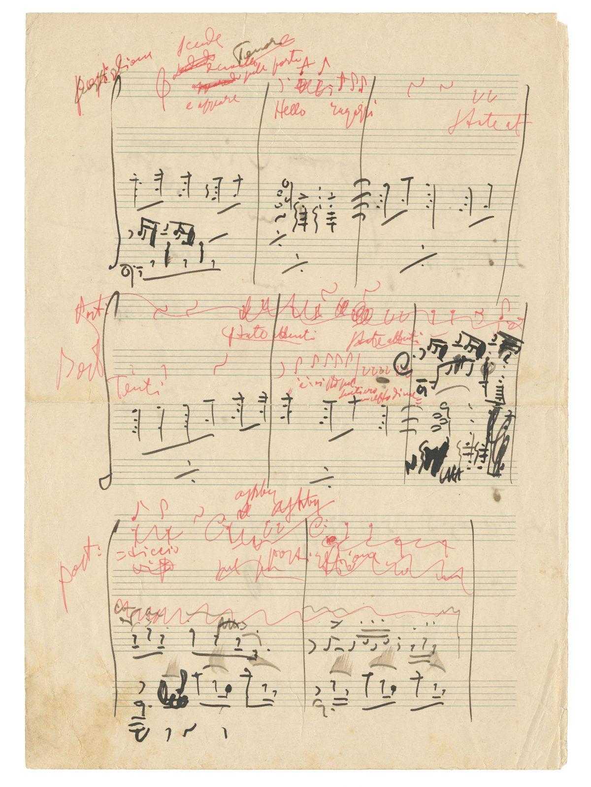 Draft of part of Act 1 of “The Girl of the Golden West (La fanciulla del West),” circa 1908, by Giacomo Puccini. Autographed manuscript, 14¾ inches by 10¾ inches. (Taschen)