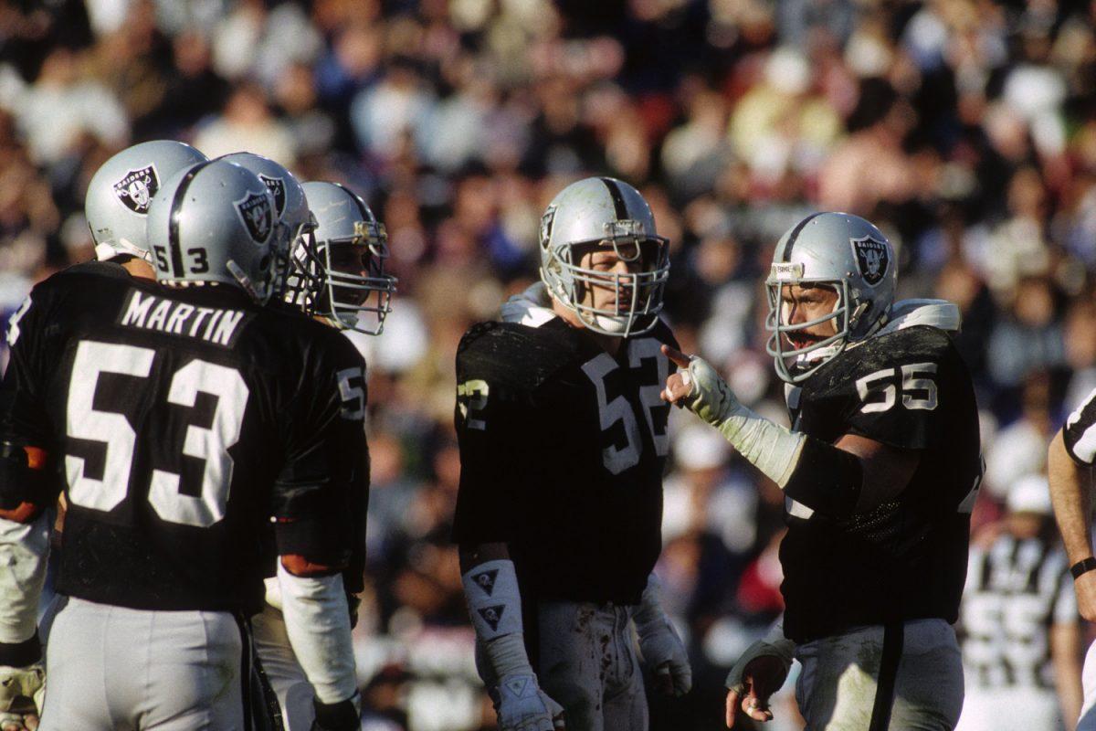Linebackers (L-R) Rod Martin No. 53, Linden King No. 52, and Matt Millen No. 55 of Los Angeles Raiders during the game against the Chicago Bears at the Los Angeles Memorial Coliseum on Dec. 27, 1987, in Los Angeles. (George Rose/Getty Images)
