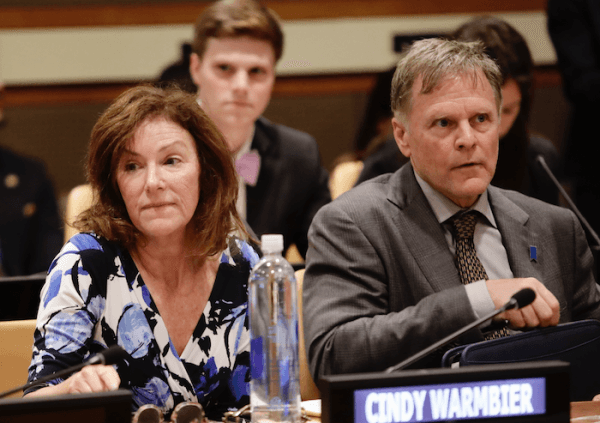 Fred Warmbie (R), and Cindy Warmbier, parents of Otto Warmbier, wait for a meeting at the United Nations headquarters. On May 3, 2018. (AP Photo/Frank Franklin II)