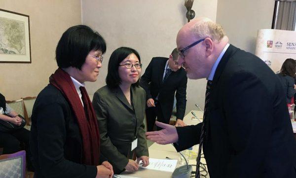 Ex-minister Daniel Herman in an interview with Ms. Liu (L) and representative of the NGO WOIPFG Mrs. Haiyen Wang. (Lukáš Kruťa/The Epoch Times)