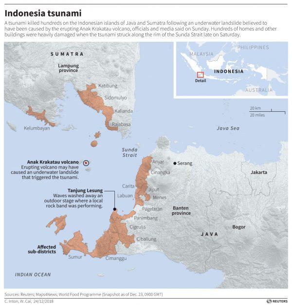 map of the are hit by the tsunami in Indonesia
