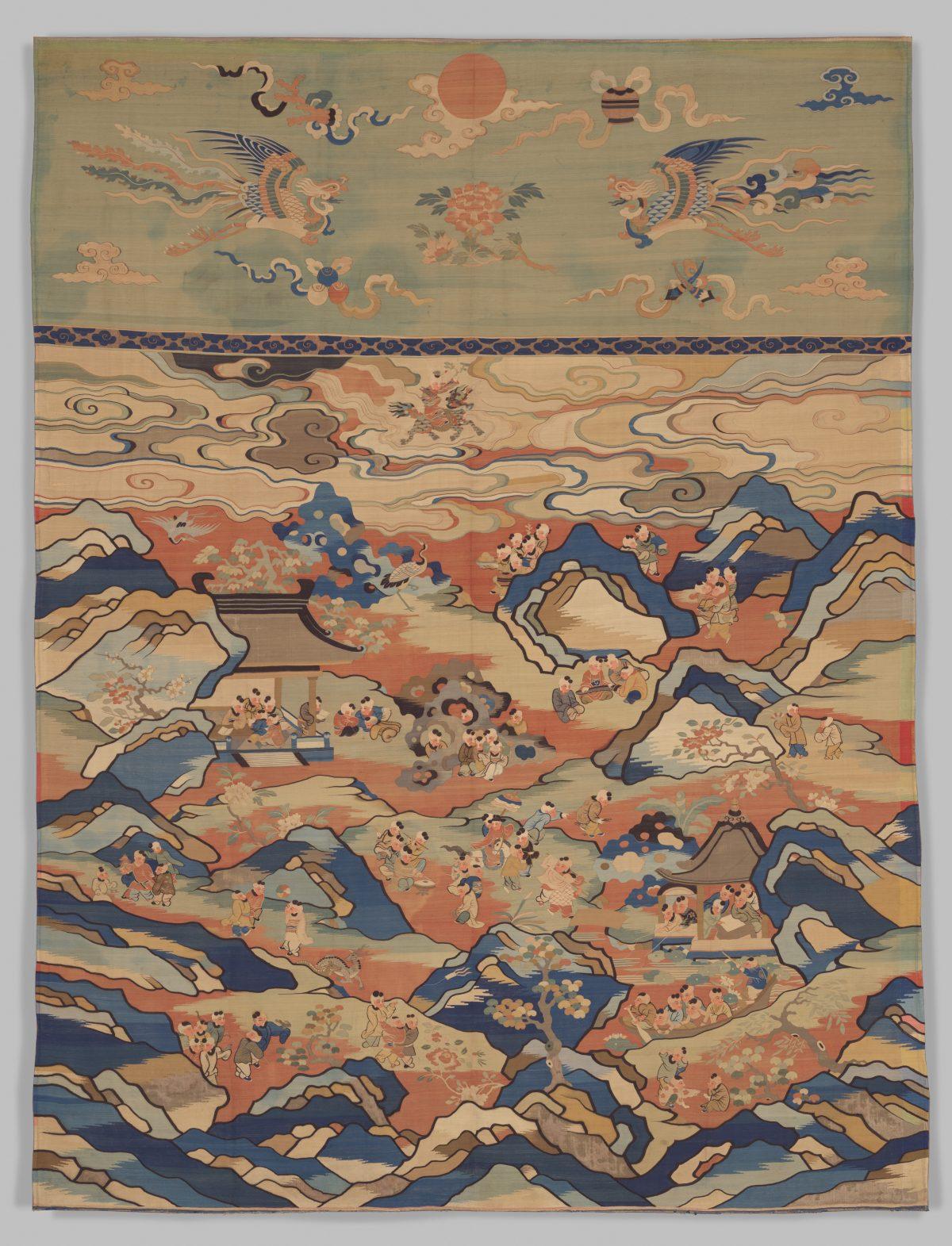 This large silk tapestry features dozens of children at play, engaging in archery, boating, falconry, fishing, horseback riding, and other leisure activities. Qing Dynasty (1644–1911), dated 17th century. Purchase, The Vincent Astor Foundation Gift, 2011. (The Metropolitan Museum of Art)