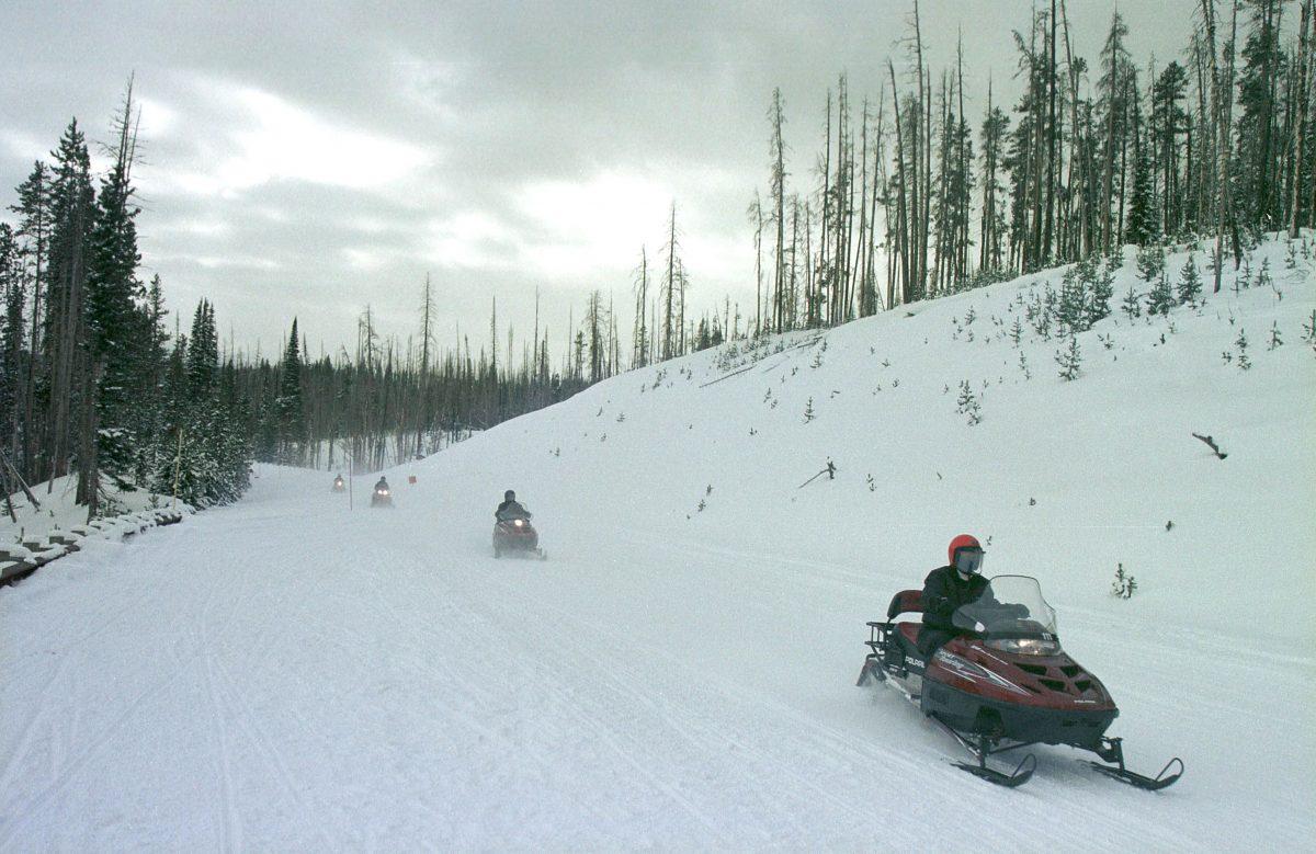 Tourists riding snowmobiles travel through Yellowstone National Park on February 10, 2001. (Photo by Michael Smith/Newsmakers)