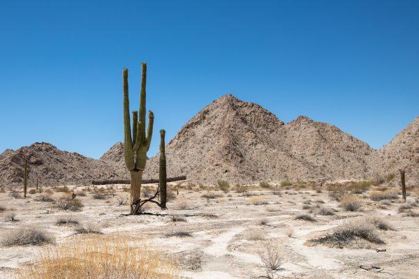 The U.S.–Mexico border where the fence ends at the side of a rocky mountain in the desert near Yuma, Ariz., on May 25, 2018. (Samira Bouaou/The Epoch Times)