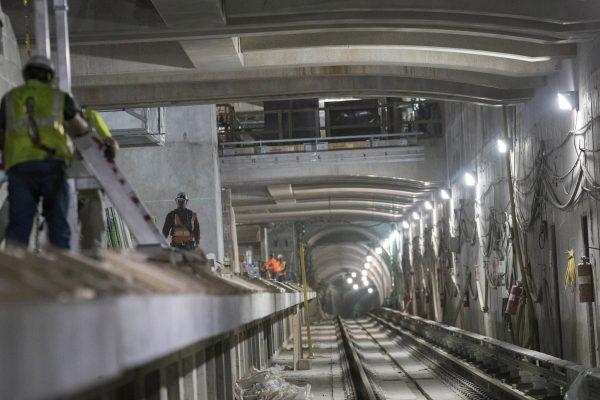 Construction crews work on a track platform of the East Side Access project beneath Grand Central Terminal in N.Y., on Nov. 29, 2018. (Mary Altaffer/AP)