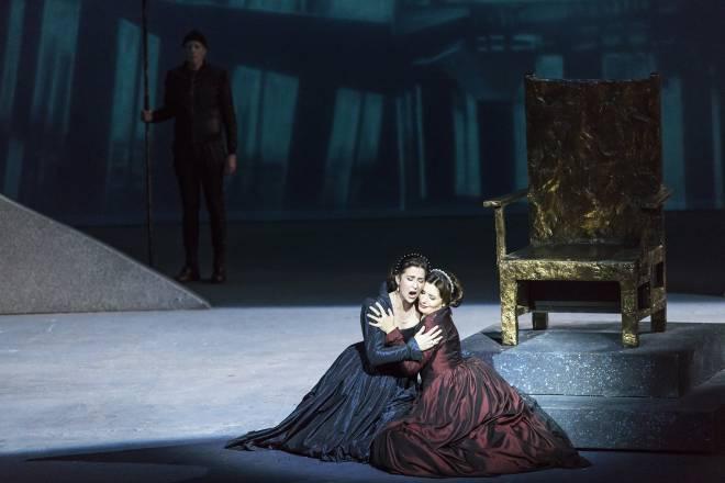 Michele Losier (L) and Marina Rebeka in Donizetti’s “Anna Bolena," at the Opera National Bordeaux in 2018. (Maitetxu Etcheverria)