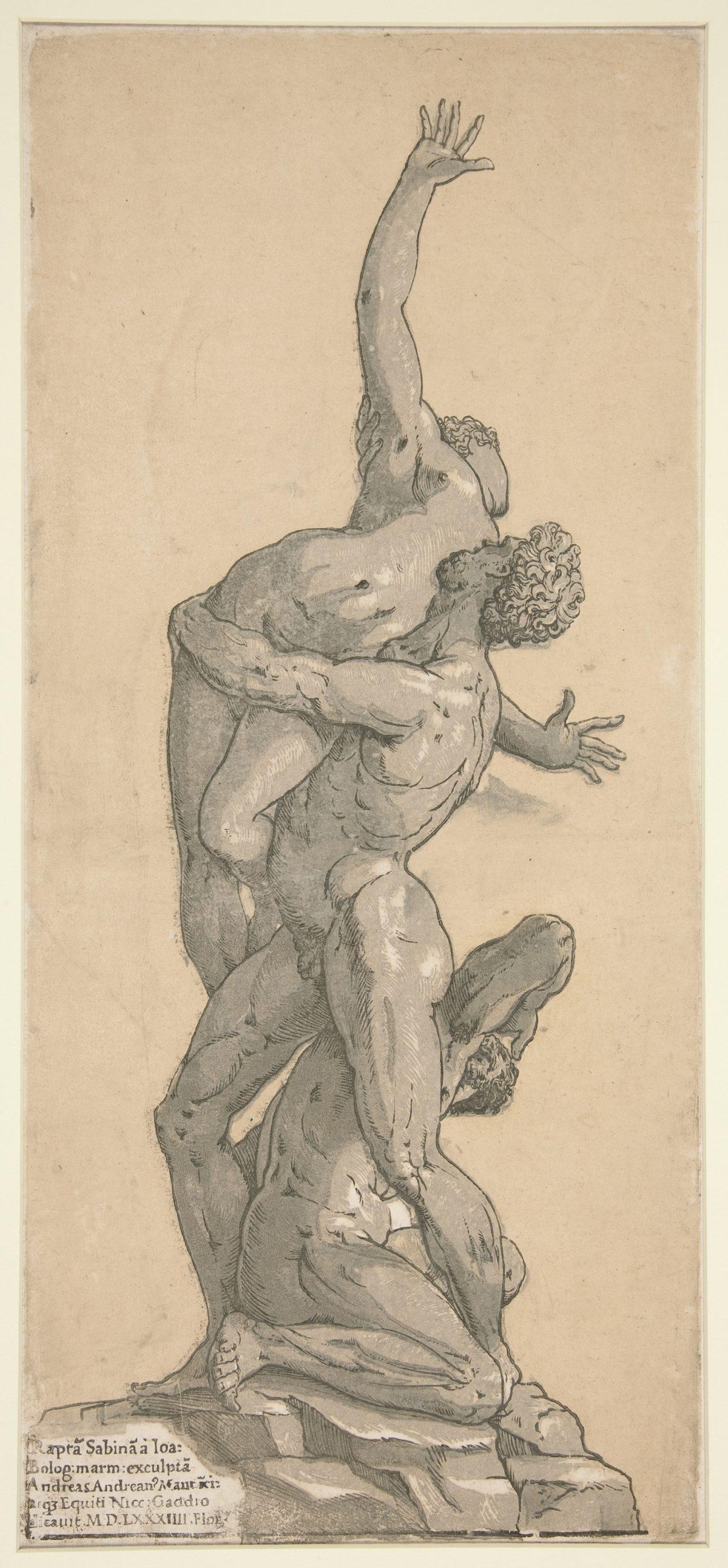 "Rape of a Sabine," 1584, by Andrea Andreani, after Giambologna's sculpture. Chiaroscuro woodcut from five blocks in yellow, light gray, medium gray, dark gray, and black, state ii/ii (?), 18 1/4 inches by 8 5/16 inches. Bequest of Lydia Evans Tunnard. (Yale University Art Gallery)