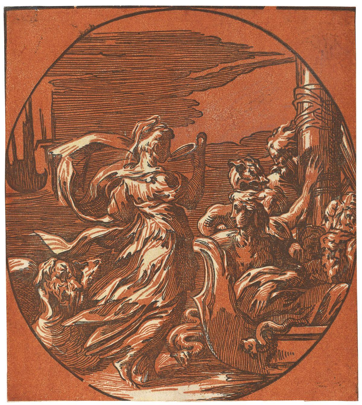 "Circe Drinking (Circella)," 1540s, by Antonio da Trento or Niccolò Vicentino, after Parmigianino. Chiaroscuro woodcut from two blocks in red and black. 8 1/2 inches by 71/2 inches. Ailsa Mellon Bruce Fund. (National Gallery of Art, Washington)