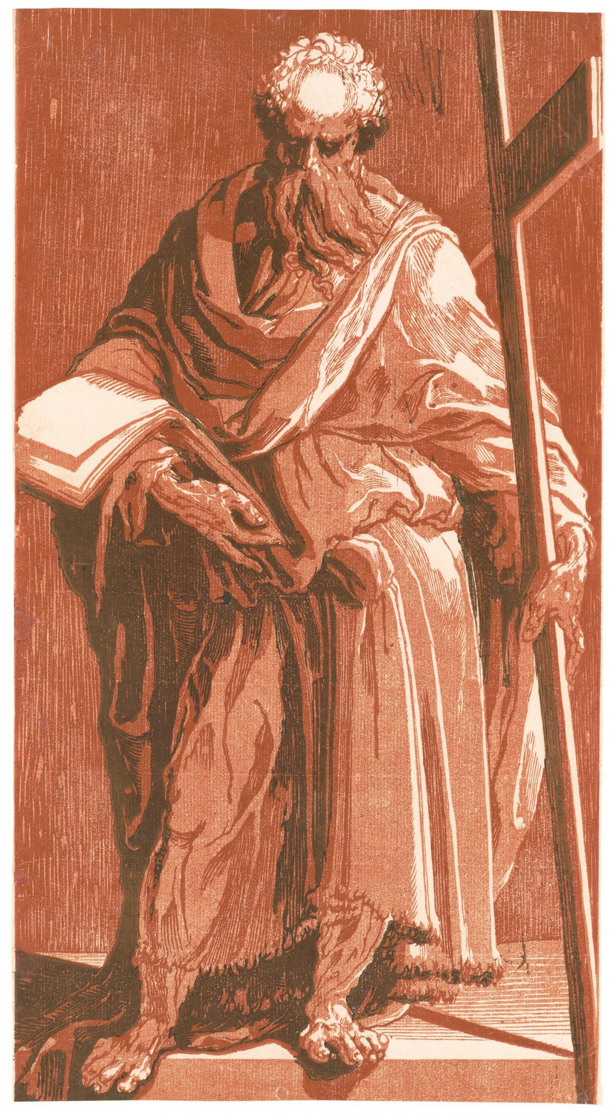 "Saint Philip," 1540s, by Domenico Beccafumi. Chiaroscuro woodcut from three blocks in light red, medium red, and black sheet, 15 5/8 inches by 8 1/2 inches. (Library of Congress, Prints and Photographs Division, Washington, D.C.)