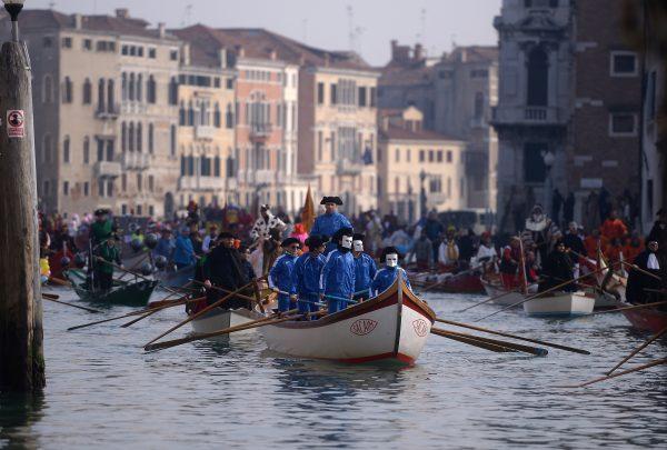A general view shows boats on the Grand Canal during the opening regatta of the Venice Carnival on January 28, 2018. (FILIPPO MONTEFORTE/AFP/Getty Images)