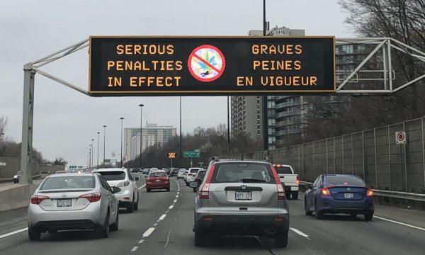 A sign warns of penalties of driving under the influence of marijuana on Highway 401 in Toronto on Dec. 23, 2018. (Omid Ghoreishi/The Epoch Times)