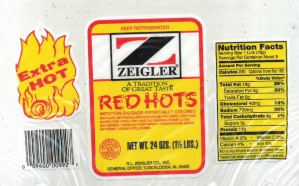 11,664 pounds of ready-to-eat chicken and pork sausage products produced by R. L. Zeigler Co. were recalled on Dec. 30, 2018. (USDA)