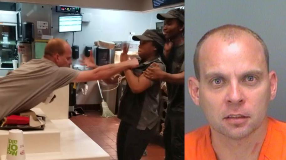 (L) An aggressive McDonald’s customer is engaged in a violent altercation with a female employee in St. Petersburg, Fla. on Dec. 31, 2018. Police booking photo of Daniel Taylor, who faces two counts of battery in connection with the incident.<br/>(Brenda Biandudi via Storyful; Pinellas County Sheriff’s Office)