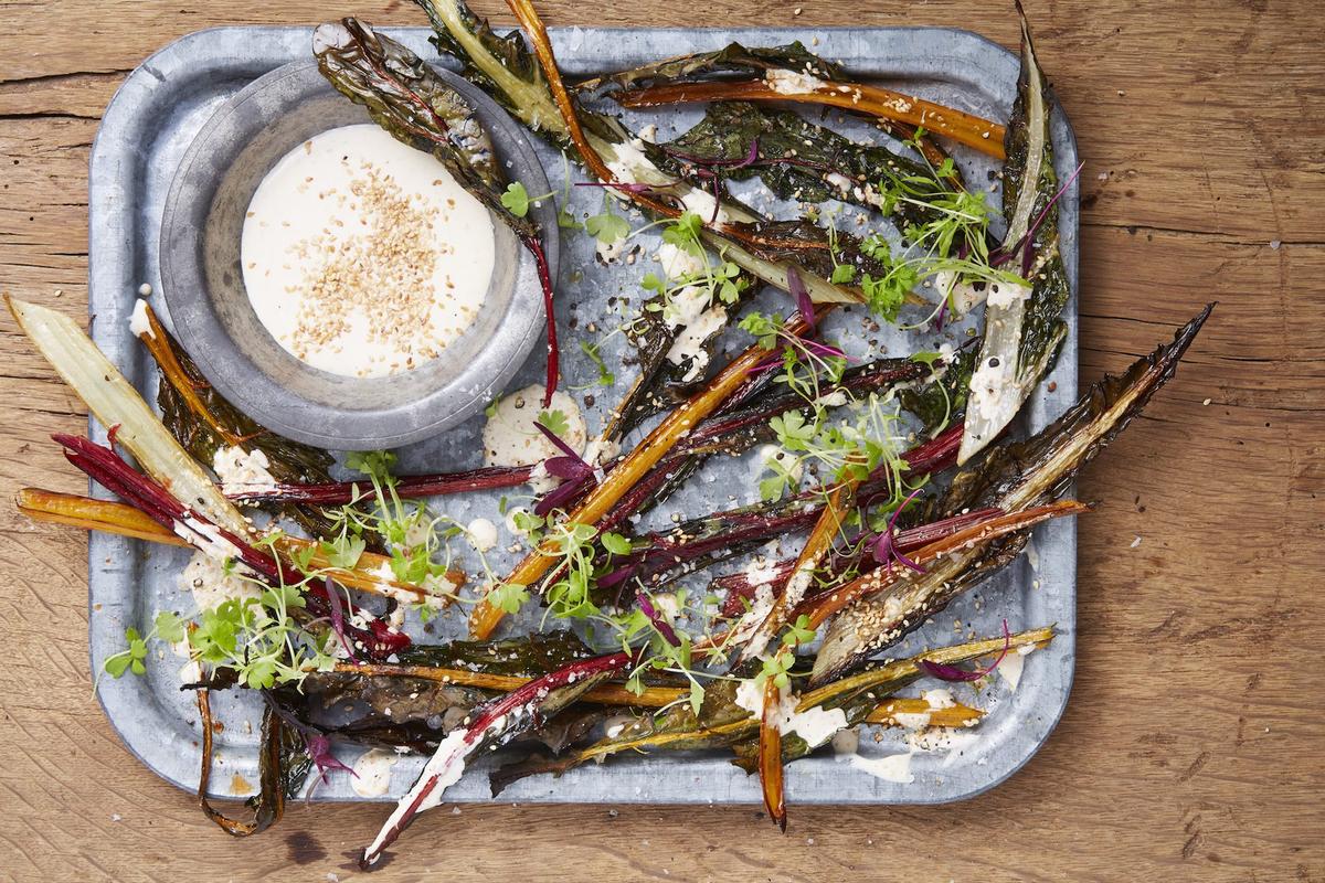 Roasted Swiss Chard Stems With a Creamy Sesame Dressing