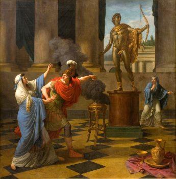 Alexander invoked and consulted the gods at every opportunity, even when the oracle was closed, as he is depicted here, dragging a priestess to the temple. “Alexander Consulting the Oracle of Apollo,” by Louis Jean Francois Lagrenée. (Public Domain)