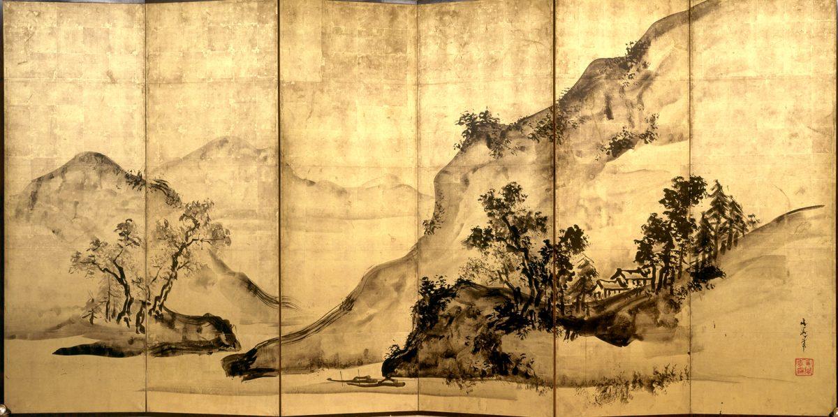 “Mountains and Water,” 1828, Edo period (1615–1868), by Tani Buncho 谷文晁. Two six-fold screens, ink and gold-leaf on paper, each screen is 68 1/2 inches by 138 11/16 inches. (Princeton University Art Museum)