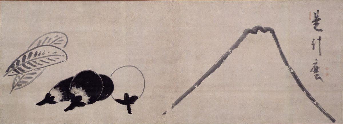 “Mount Fuji, Hawk, and Eggplant,” Edo period (1615–1868), by Hakuin Ekaku 白隠慧鶴. Hanging scroll, ink on paper, 21 7/16 inches by 61 7/16 inches. (Princeton University Art Museum)