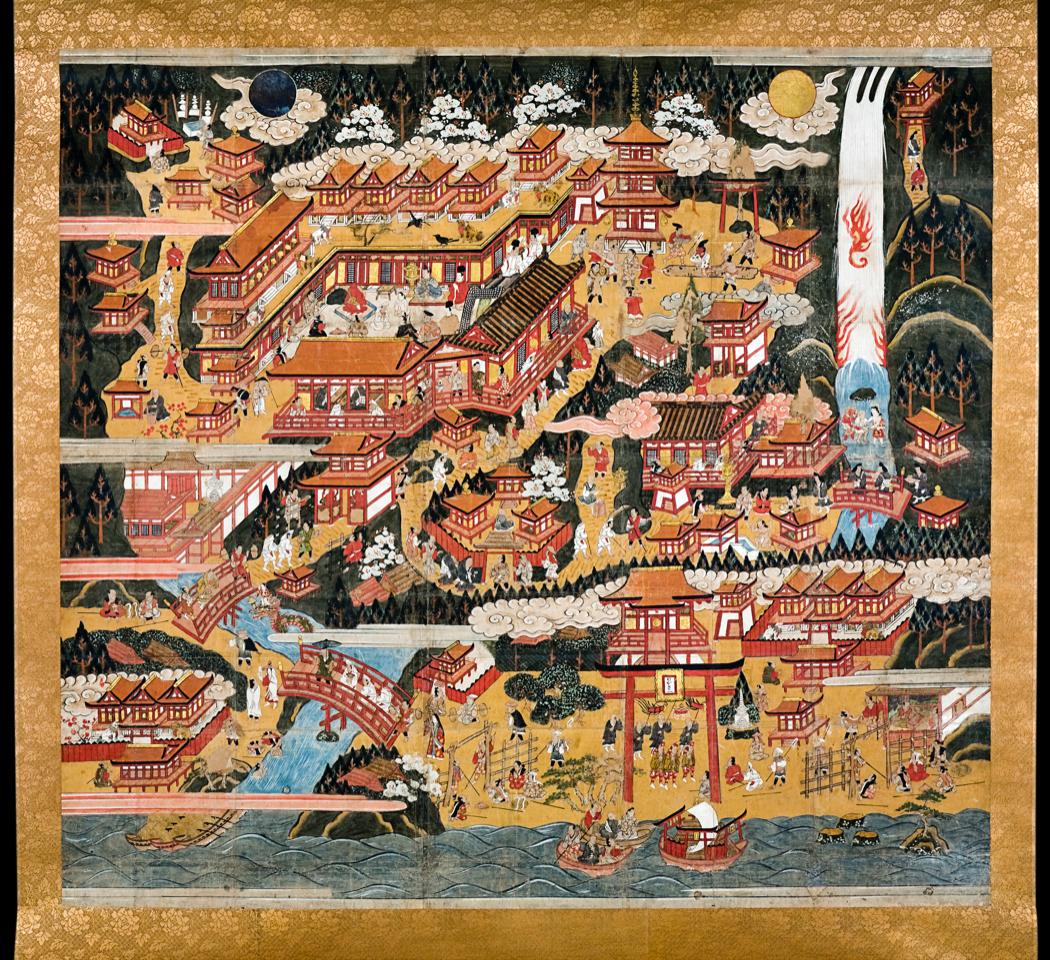 “Nachi Pilgrimage Mandala,” Momoyama period (1568–1600), by an anonymous painter. Hanging scroll, ink and color on paper, 63 inches by 65 inches. (Princeton University Art Museum)