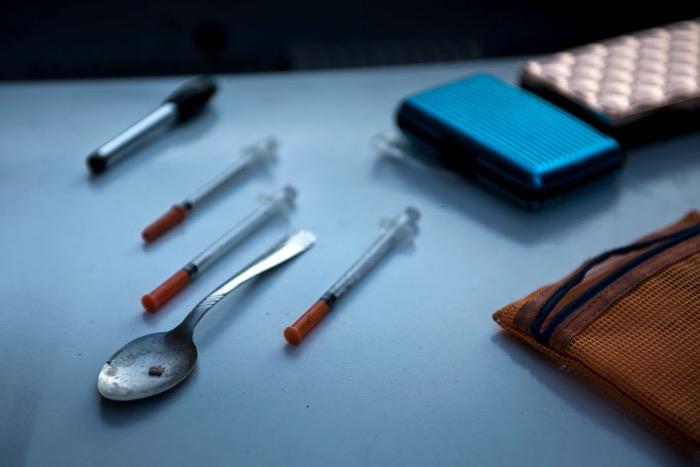 Paraphernalia for smoking and injecting drugs is seen after it was found during a police search in Huntington, West Virginia, on April 19, 2017. (Brendan Smialowski/AFP/Getty Images)