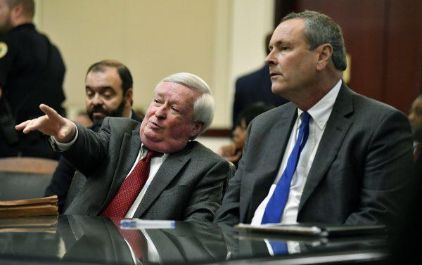 Assistant District Attorney Roger Moore and District Attorney Glenn Funk talk during a preliminary hearing for Nashville Police officer Andrew Delke at the Justice A.A. Birch Building, on Jan. 2, 2019. (George Walker IV/The Tennesean/AP)