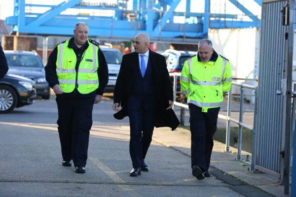 Home Secretary Sajid Javid meeting with Border Force staff on board HMC Searcher on Jan. 2, 2018 in Dover, England. (Gareth Fuller/WPA Pool/Getty Images)