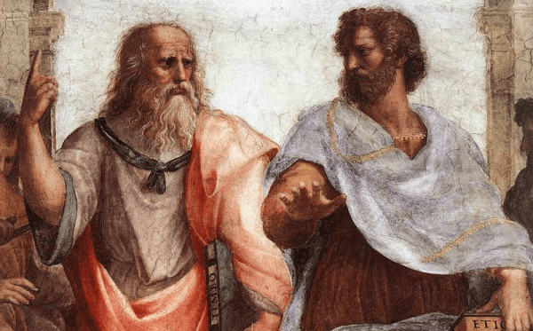 Plato (L) and Aristotle in Raphael's 1509 fresco, "The School of Athens." (Public domain)
