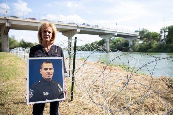 Mary Ann Mendoza, whose son Sgt Brandon Mendoza was killed by an illegal alien, stands next to the Rio Grande, which is the border between the U.S. and Mexico, in Hidalgo, Texas, on Nov. 5, 2018. (Samira Bouaou/The Epoch Times)