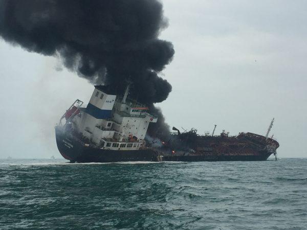 An oil tanker on fire is seen near Lamma island, Hong Kong, on Jan. 8, 2019. (Hong Kong Police Force/Handout via Reuters)