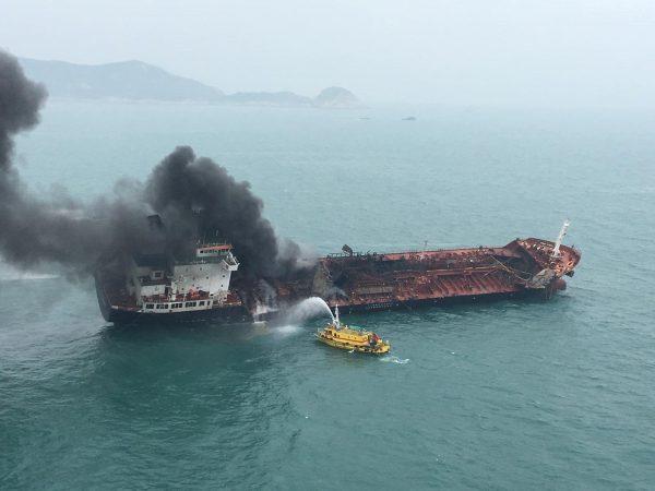 An oil tanker on fire is seen near Lamma island, Hong Kong, on Jan. 8, 2019. (Government Flying Service/Handout via Reuters)