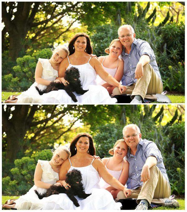A combination of handout photographs supplied by the Australian Department of Prime Minister and Cabinet shows a doctored version of a portrait of Australian Prime Minister Scott Morrison and his family that was displayed on his website (top), and an undated original portrait that later replaced the doctored version. (Department of Prime Minister and Cabinet/Handout/Reuters)