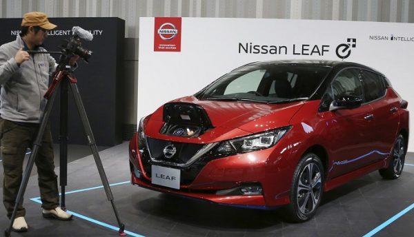 Nissan LEAF e+ is on display at the global headquarters of Nissan Motor Co., Ltd. in Yokohama, on Jan. 9, 2019. (Koji Sasahara/AP Photo)