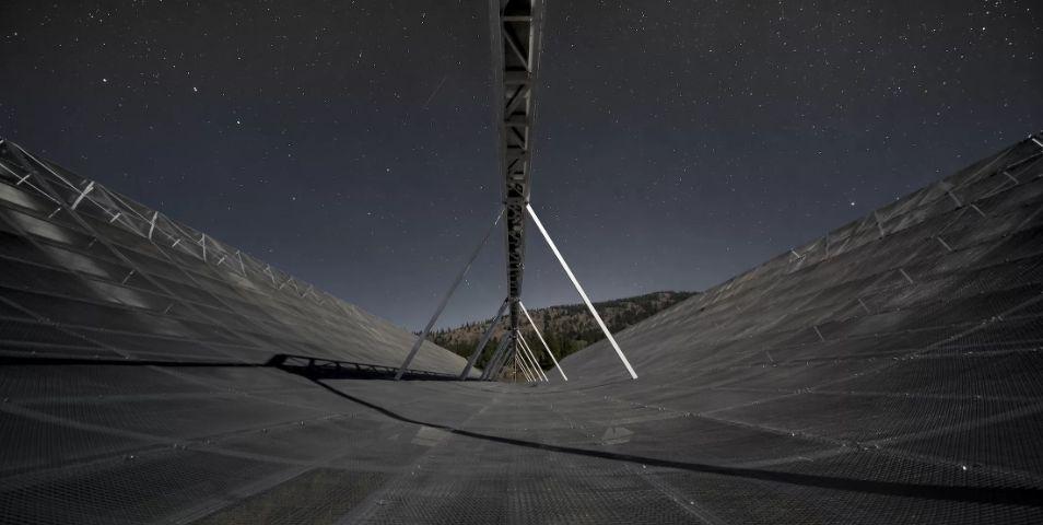 CHIME, a radio telescope, was designed and built by scientists at the University of British Columbia, McGill University, the University of Toronto, the Perimeter Institute for Theoretical Physics, and the National Research Council of Canada. (UBC)