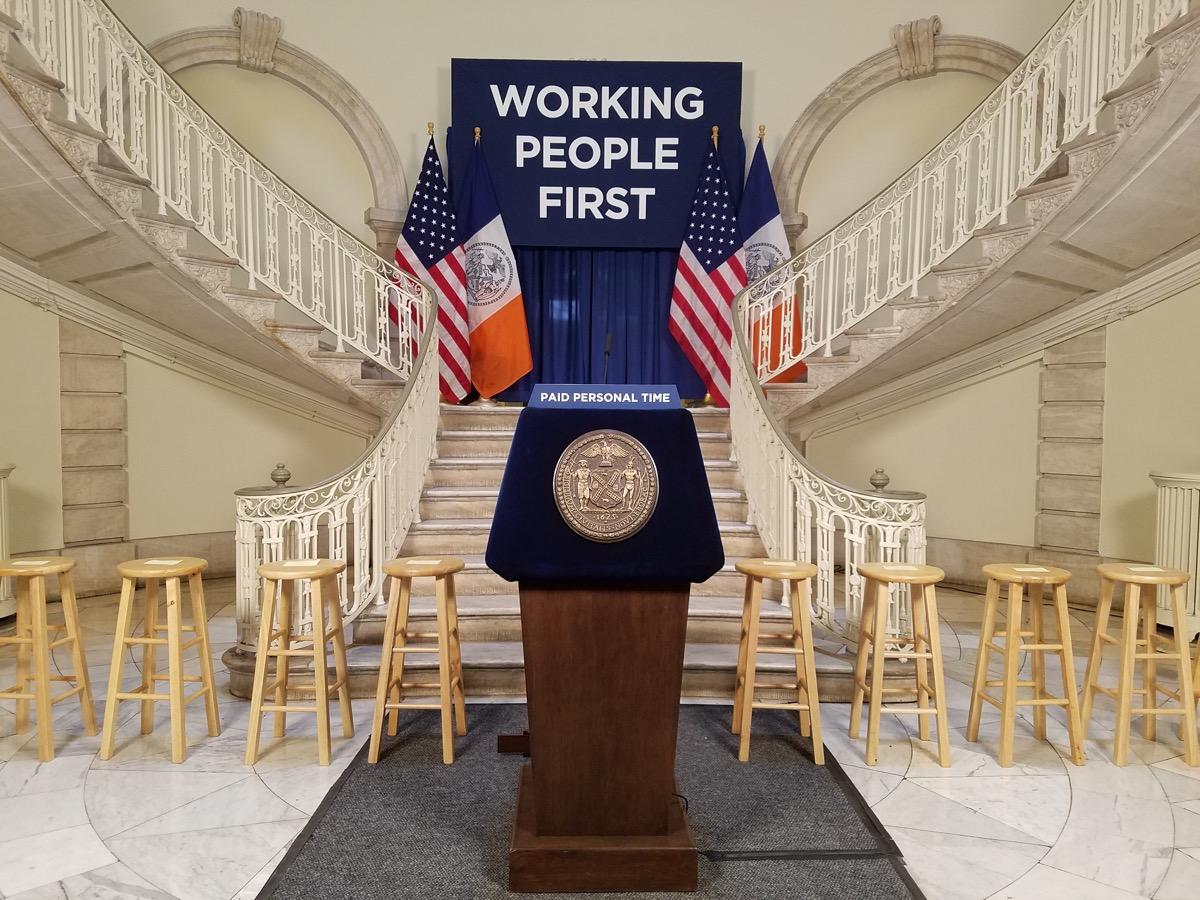 Mayor Bill de Blasio announces a bill on Jan. 9, 2019, that would guarantee paid time off in New York City. (Miguel Moreno/The Epoch Times)