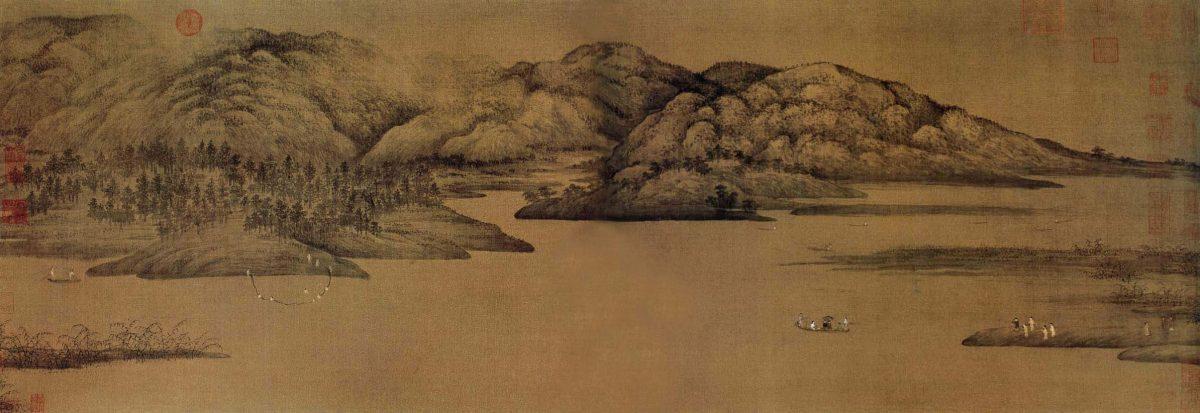 "Xiao and Xiang Rivers" by Dong Yuan. Hanging scroll with ink on silk, 19.7 inches by 55.7 inches. The Palace Museum, Beijing. (Public Domain)