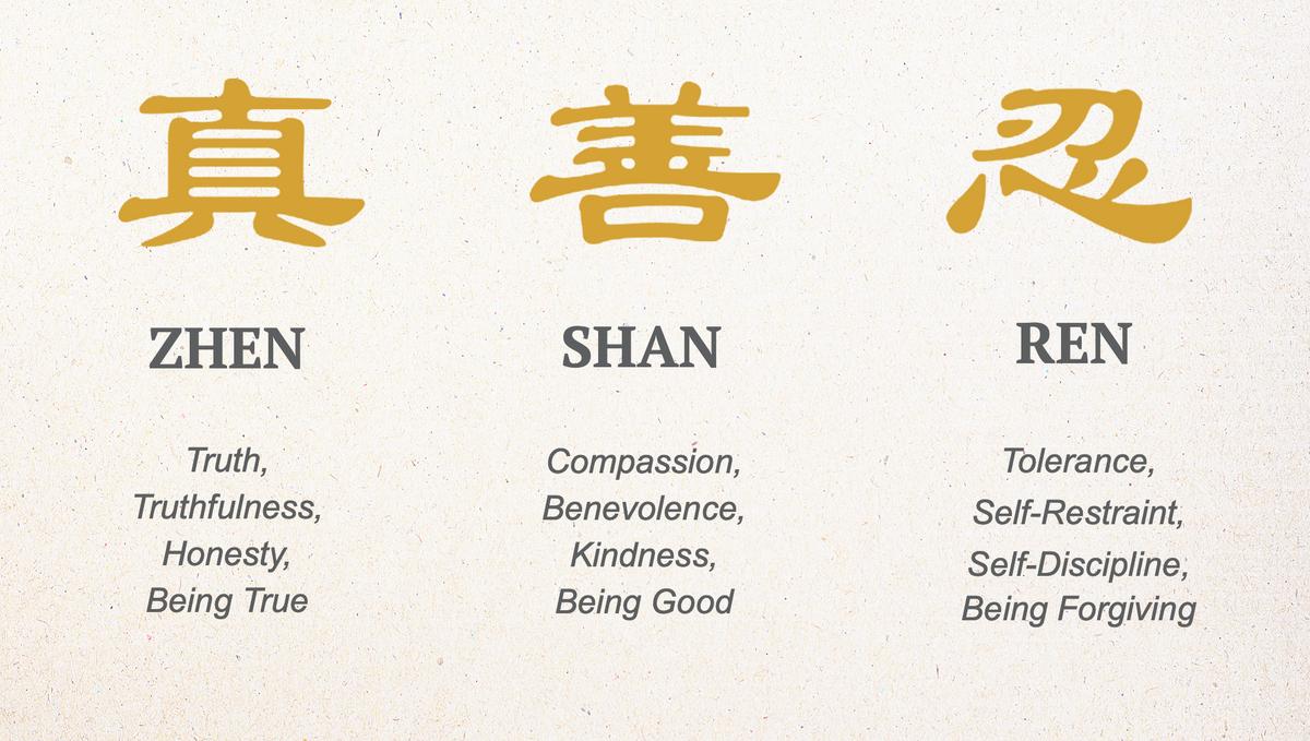 Falun Gong (or Falun Dafa) is based on the universal values of truthfulness, compassion, and tolerance, or in Chinese, zhen 真 shan 善 ren 忍. (The Epoch Times)