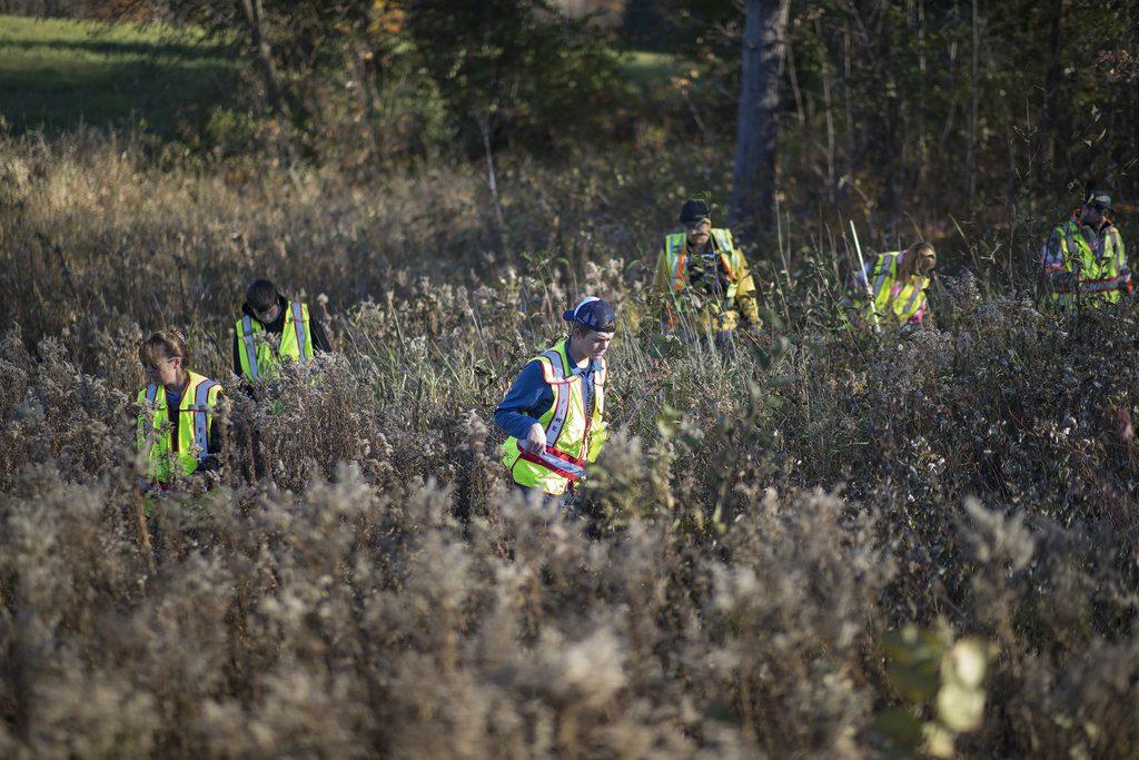 A group of volunteers searched the ditches along highway 8 near the home where 13-year-old Jayme Closs lived with her parents James, and Denise in Barron, Wisconsin, on Oct. 18, 2018. (Jerry Holt /Star Tribune via AP)