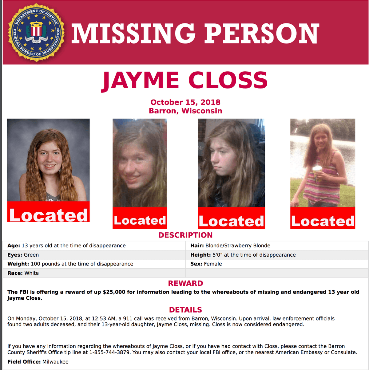 Jayme Closs Found Poster. (FBI)