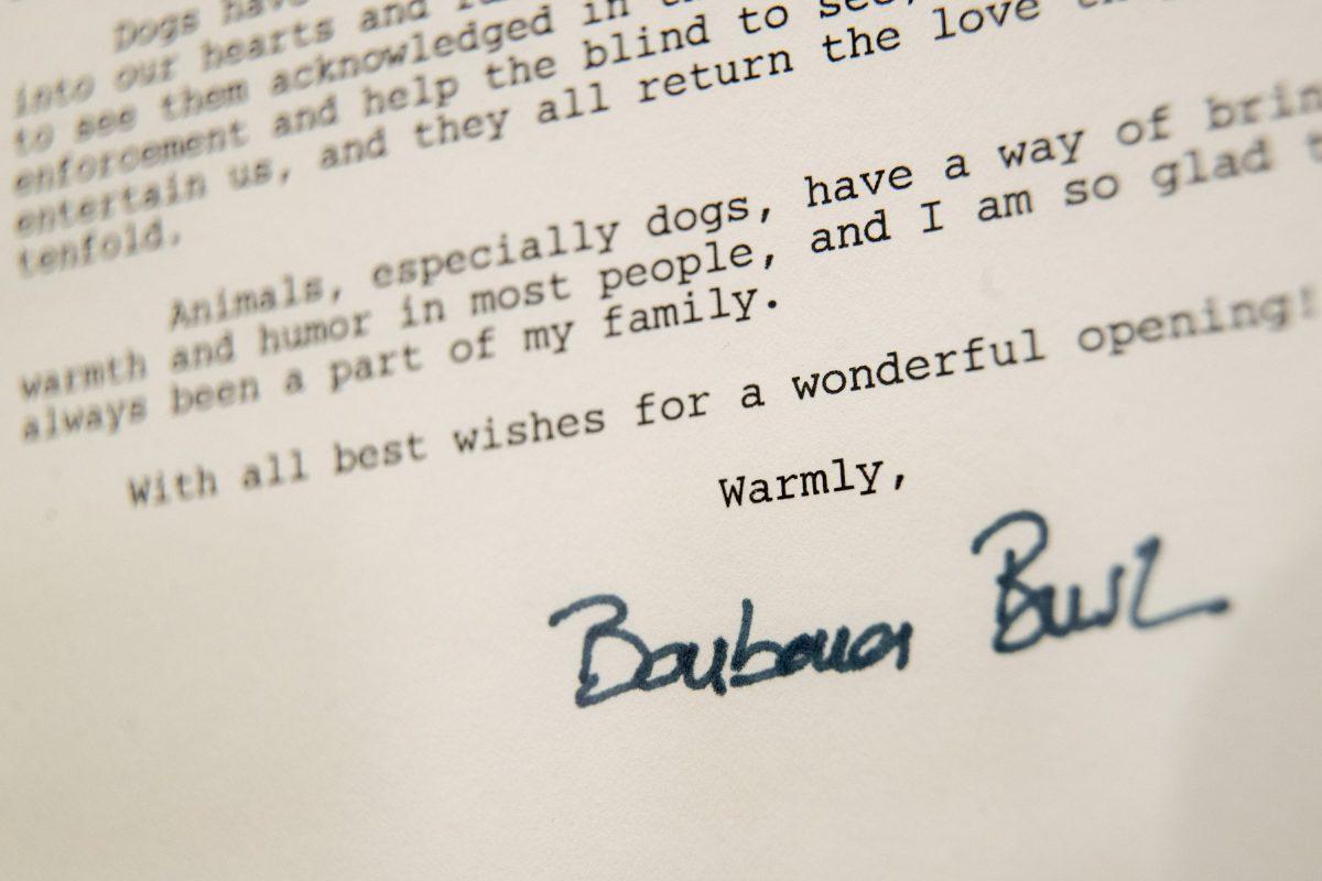 Photo shows details of the letter former first lady Barbara Bush wrote to the American Kennel Club Museum of the Dog on the occasion of it's opening in 1990, on display in N.Y. (Mary Altaffer/AP)