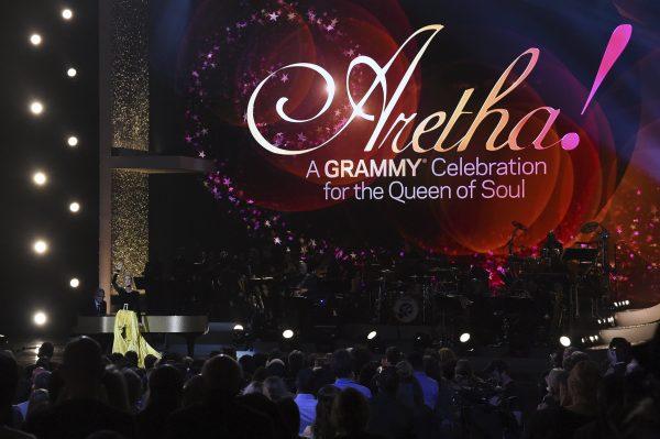 Celine Dion performs at the "Aretha! A Grammy Celebration For The Queen Of Soul" event at the Shrine Auditorium in Los Angeles, on Jan. 13, 2019. (Richard Shotwell/Invision/AP)