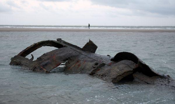 The wreckage of a German submarine that ran aground off the coast of the city of Wissant in July 1917 and has recently resurfaced due to sand movements, near Calais, northern France, on Jan. 9, 2019. (Denis Chalet/AFP/Getty Images)